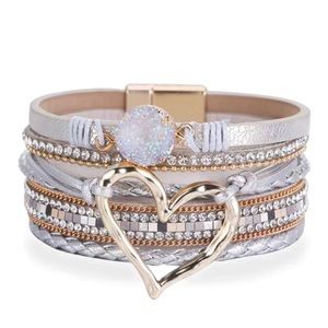 Silver Multilayer Wrap Leather Heart Magnetic Clasp Cuff Bracelet/s